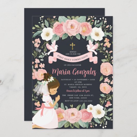 女子祈初の聖体拝領ピンクフローラ 招待状 (正面/裏面)