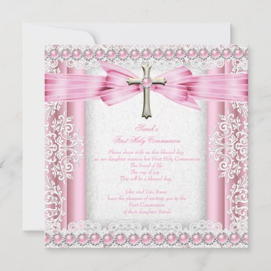 女子第一聖体拝領クロスピンクかわいらし色 招待状 (正面)