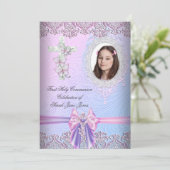 女子第一聖餐式ピンクかわいらし色の写真 招待状 (スタンド正面)