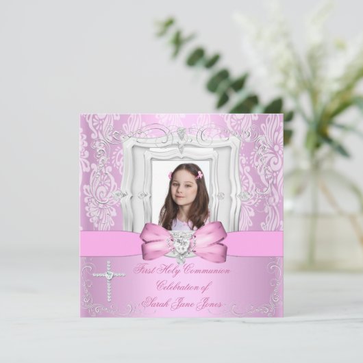 女子第一聖餐式ピンクかわいらし色の写真 招待状 (スタンド正面)
