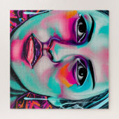 女子絵を描顔と涙 |ティール(緑がかった色)とピンクアート ジグソーパズル (横)