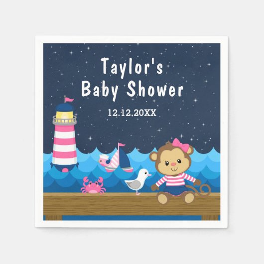 女子航海のモンキーピンクとネイビー赤ちゃんシャワー スタンダードカクテルナプキン (正面)