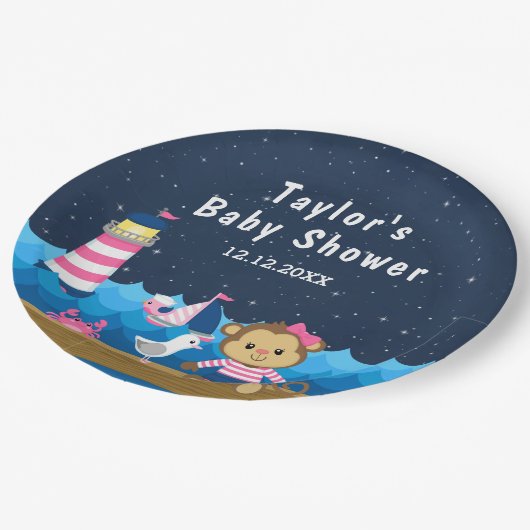 女子航海のモンキーピンクとネイビー赤ちゃんシャワー ペーパープレート (アングル)