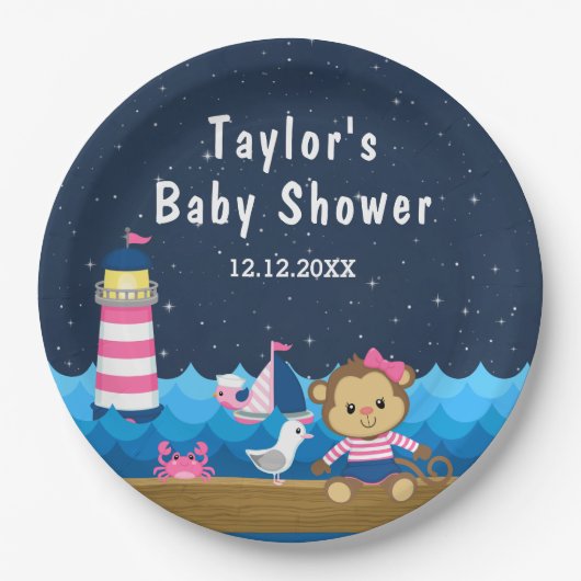 女子航海のモンキーピンクとネイビー赤ちゃんシャワー ペーパープレート (正面)