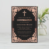 女子認定ピンクブラックエレガントヴィンテージクロス 招待状 (スタンド正面)