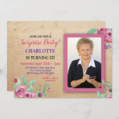 女子誕生日パーティーフォトフラワーズ素朴招待状 招待状 (正面/裏面)