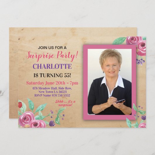 女子誕生日パーティーフォトフラワーズ素朴招待状 招待状 (正面/裏面)