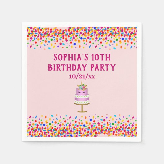 女子誕生日ピンクユニコーンケーキレインボー紙吹雪 スタンダードカクテルナプキン (正面)
