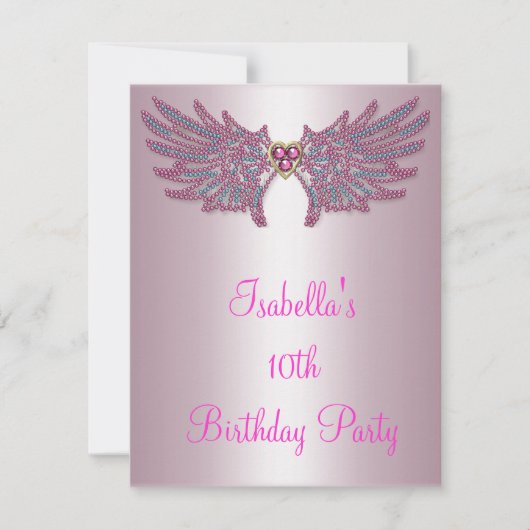 女子誕生日ピンク&ブルージェルエンジェルウィングス 招待状 (正面)