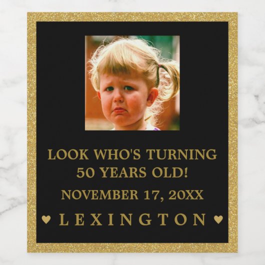 女子誕生日フォト金ゴールドグリッタールックきらめくW ワインラベル (シングルラベル)