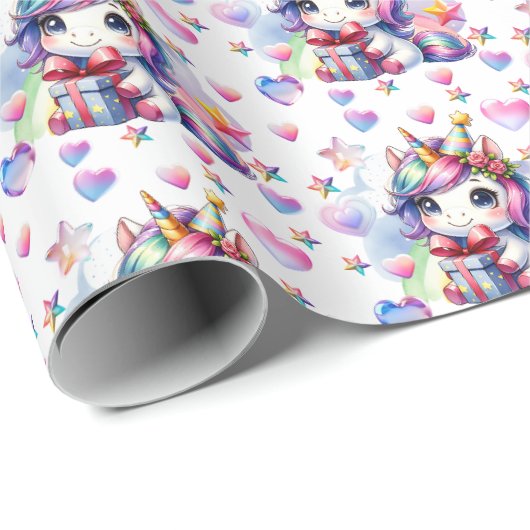 女子誕生日ユニコーンをテーマにしたピンクと紫 ラッピングペーパー (ロールコーナー)