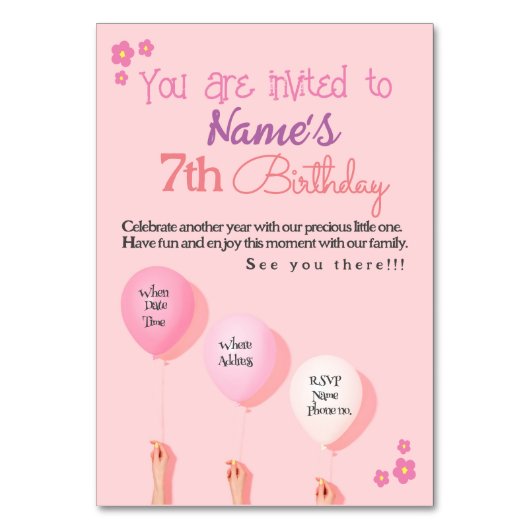 女子誕生日招待状カードフラットカード テーブルナンバー (正面)