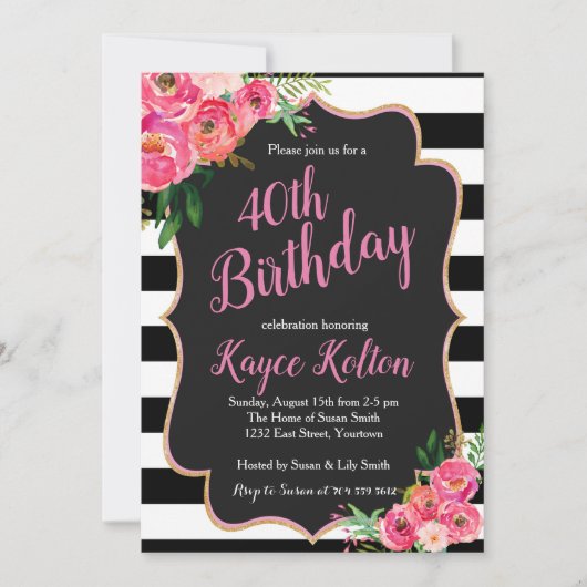 女子誕生日招待状ピンクとブラック 招待状 (正面)