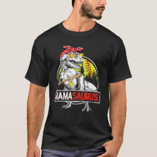 女子赤おもしろい弓ソフトボール恐竜ママサウル Tシャツ