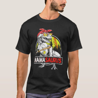 女子赤おもしろい弓ソフトボール恐竜ママサウル Tシャツ