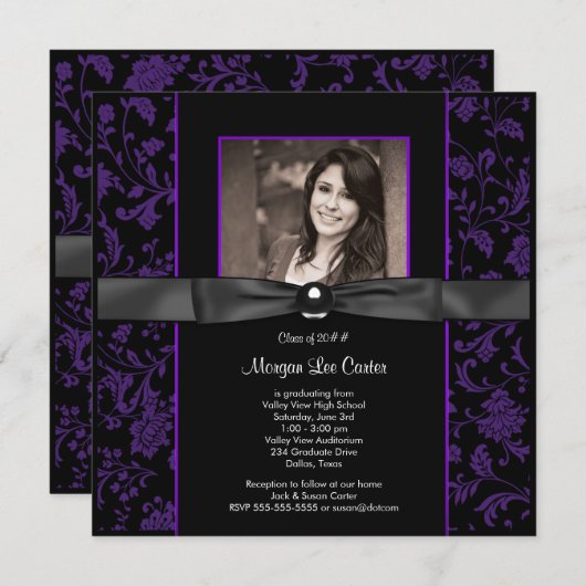 女子赤紫と黒卒業 招待状 (正面/裏面)