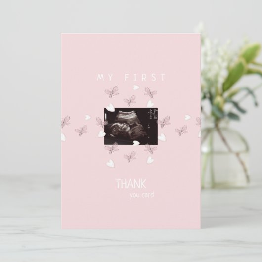 女子超音波蝶おもしろいベビーありがとう サンキューカード (スタンド正面)