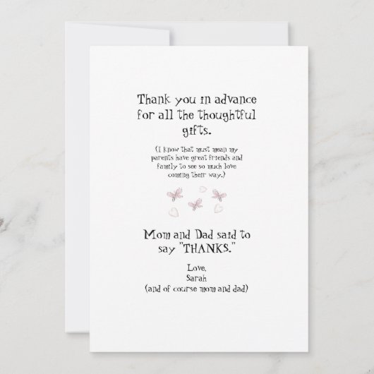 女子超音波蝶おもしろいベビーありがとう サンキューカード (裏面)