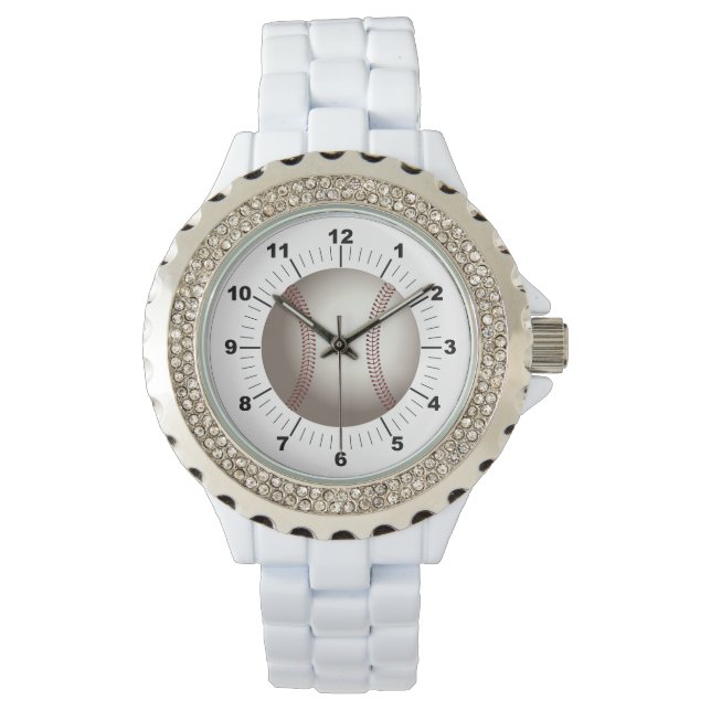 女子野球ライン石ホワイトエナメルウォッチ 腕時計 (正面)