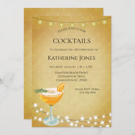 女子金ゴールド40thバースデーカクテルパーティー 招待状 (正面/裏面)