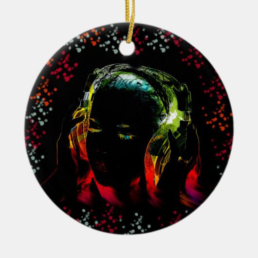 女子音楽聞のヘッドホンがネオンカラーの贈り物 セラミックオーナメント (正面)