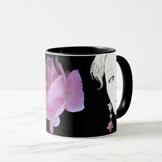 女子顔かわいらしピンクローズフローラ予測できなファッション マグカップ (正面右)