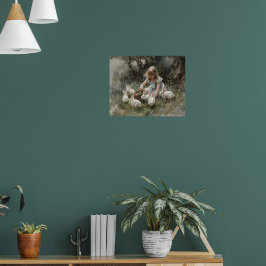 女子食べ物を与え白兎の印象派絵を描家 ポスター