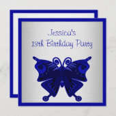 女子13誕生日コバルトブルーバタフライシルバー 招待状 (正面/裏面)
