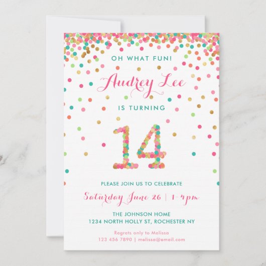 女子14歳誕生日招待状14歳 招待状 (正面)