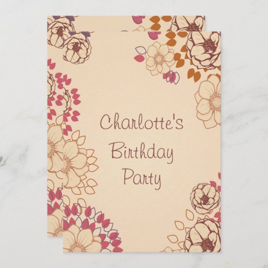 女子17誕生日かわいいモダンフローラ 招待状 (正面/裏面)