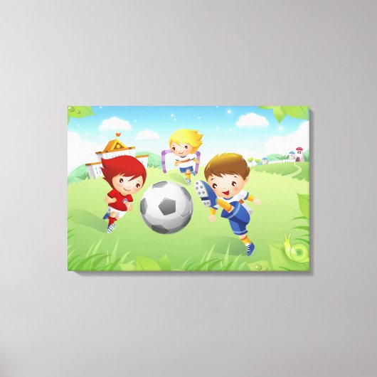 女子2人と男子遊サッカー キャンバスプリント (正面)