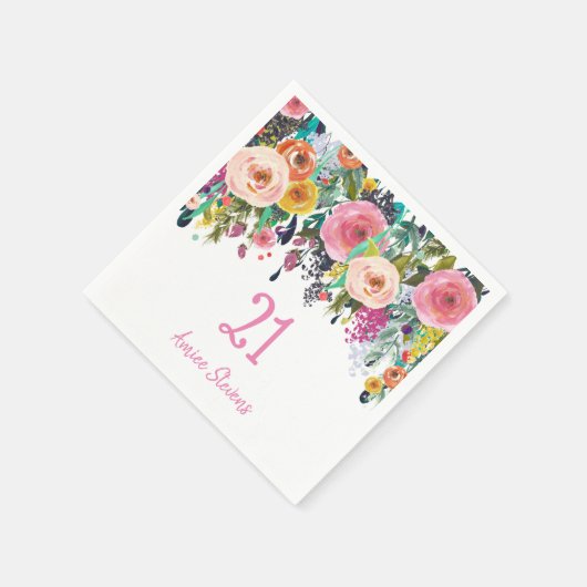 女子21歳の誕生日パーティーピンクフラワーピーチ スタンダードカクテルナプキン (角)