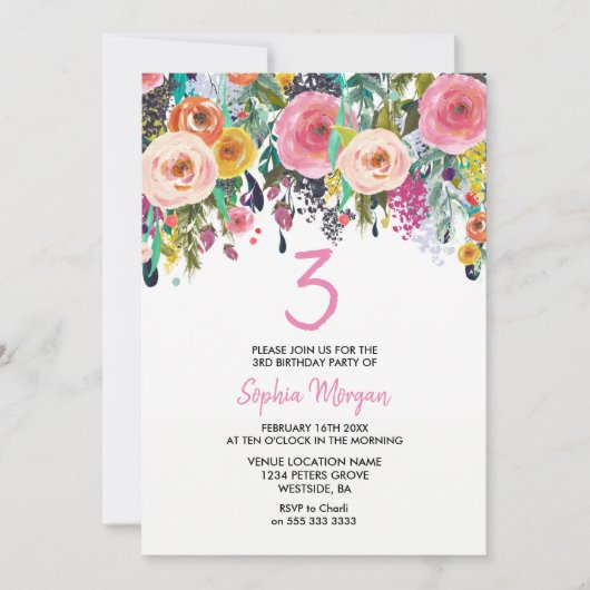 女子3rd誕生日パーティー招待状ピンクフラワーピーチ 招待状 (正面)