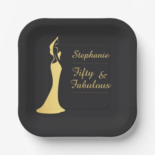 女子50番金ゴールドカクテルモダンドレス誕生日 ペーパープレート (正面)