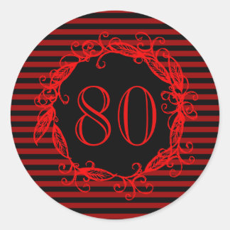 女子80誕生日黒赤渦巻形の ラウンドシール