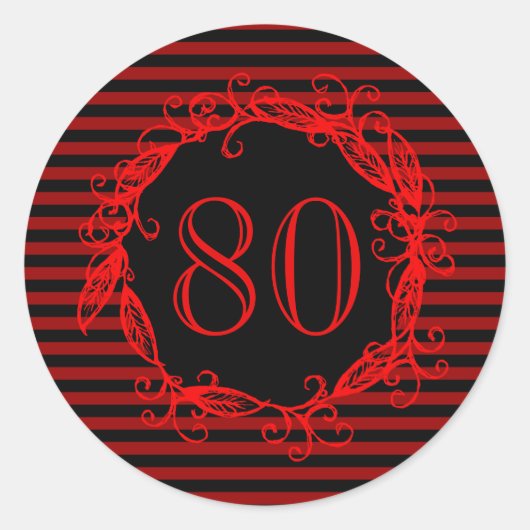 女子80誕生日黒赤渦巻形の ラウンドシール (正面)