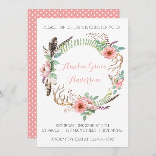 女子《キリスト教》洗礼式や命名式招待状 – ピンクフローラ 招待状 (正面/裏面)