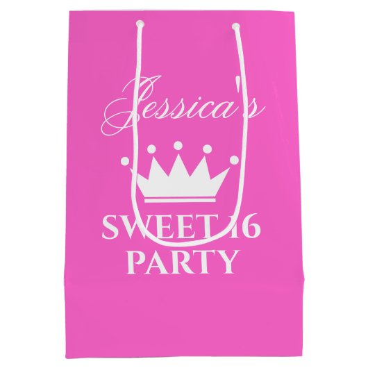 女子sweet sixteen16thバースデーパーティー熱いピンク ミディアムペーパーバッグ (裏面)