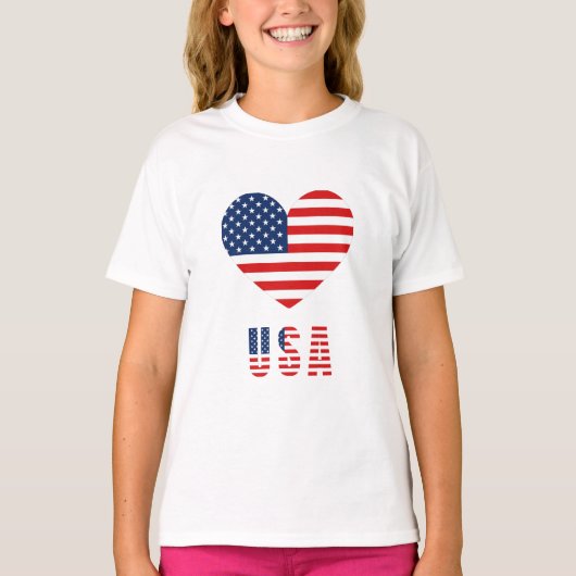 女子TシャツUSA国旗のハートデザイン Tシャツ (正面)