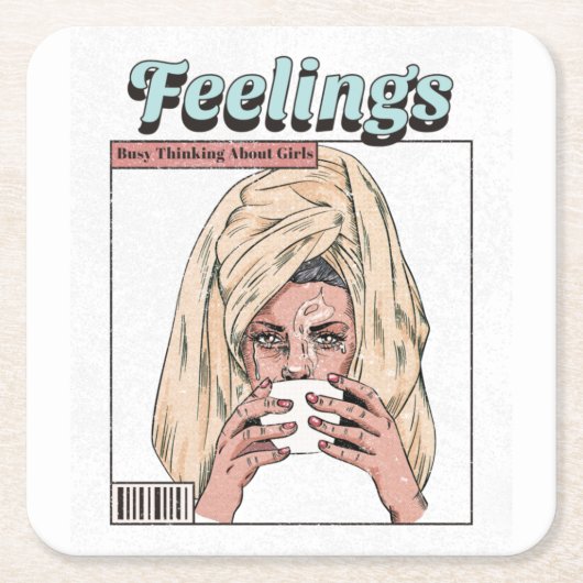 女忙し考えるの子の スクエアペーパーコースター (正面)