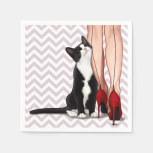 女性およびタキシード猫 スタンダードカクテルナプキン