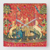 女性およびユニコーンのファンタジーの花、動物、宝石用原石 スクエア壁時計 (正面)