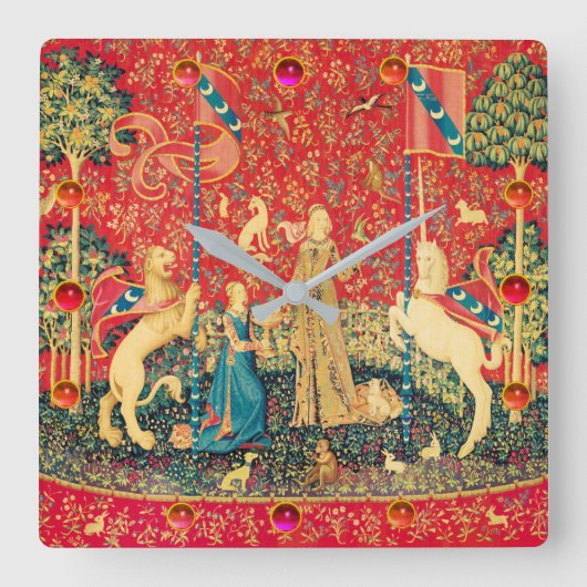 女性およびユニコーンのファンタジーの花、動物、宝石用原石 スクエア壁時計 (正面)