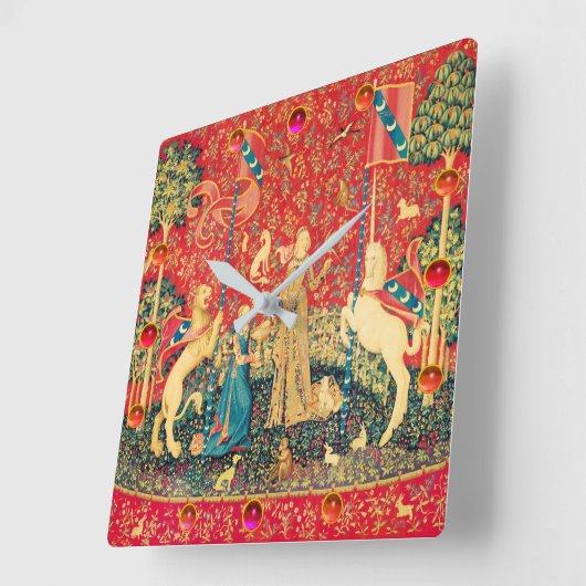 女性およびユニコーンのファンタジーの花、動物、宝石用原石 スクエア壁時計 (傾斜)