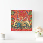 女性およびユニコーンのファンタジーの花、動物、宝石用原石 スクエア壁時計 (ホーム)