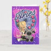 女性およびラムが付いている牡羊座の(占星術の)十二宮図のかわいいカード カード (黄色い花)