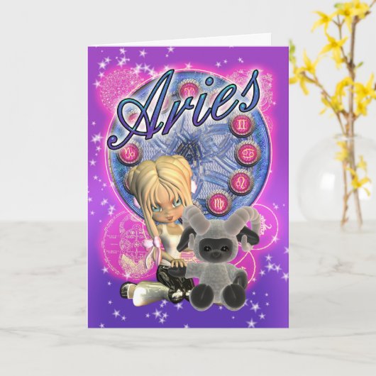 女性およびラムが付いている牡羊座の(占星術の)十二宮図のかわいいカード カード (黄色い花)