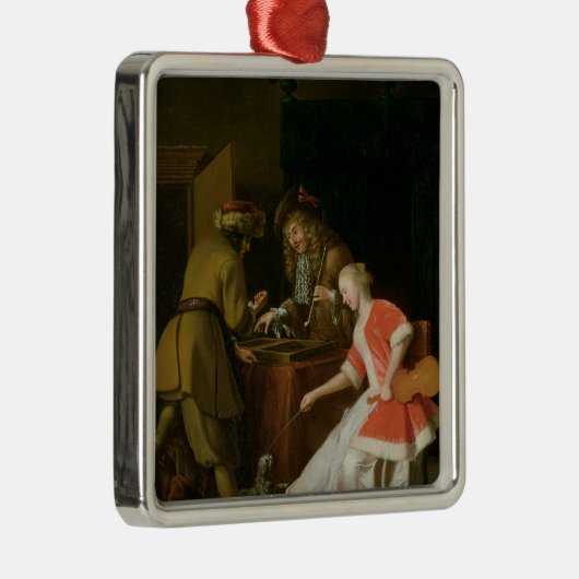 女性および彼女の犬を持つTric-tracプレーヤー メタルオーナメント (右)