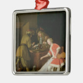 女性および彼女の犬を持つTric-tracプレーヤー メタルオーナメント (左)