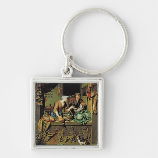女性および魚の行商人1713年(パネルの油) キーホルダー (正面)